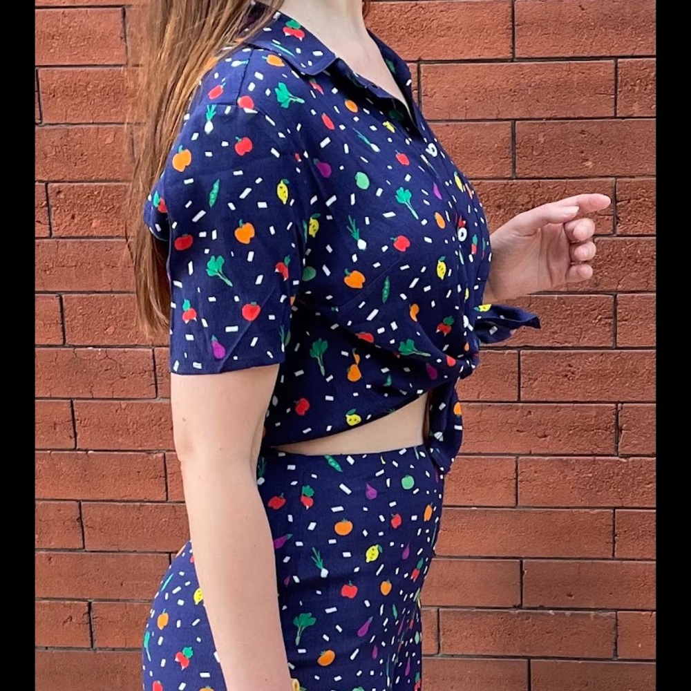 STAUD Navy Floral Print MATCHING SET with Multicolor FRUIT Accents